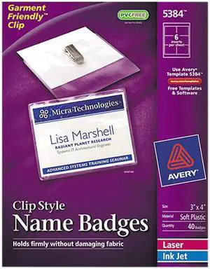 Avery 5384 Badge Holders w/Laser/Inkjet Inserts, Top Load, 3 x 4, White, 40/Box