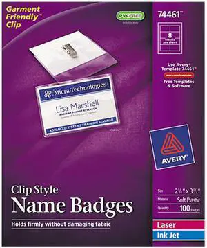Avery 74461 Badge Holders w/Laser/Inkjet Inserts, Top Load, 2-1/4 x 3-1/2, White, 100/Box