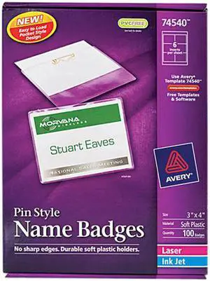 Avery 74540 Badge Holders w/Laser/Inkjet Inserts, Top Loading, 3 x 4, White, 100/Box