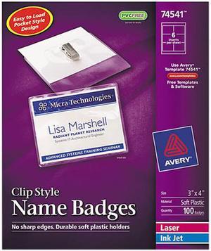 Avery 74541 Badge Holder Kit w/Laser/Inkjet Insert, Top Load, 3 x 4, White, 100/Box