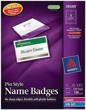 Avery 74549 Badge Holders w/Laser/Inkjet Inserts, Top Loading, 2-1/4 x 3-1/2, White, 100/Box
