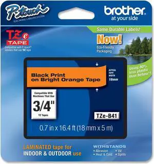 Brother TZE-B41 18mm (0.7") Black on Fluorescent Orange tape for P-Touch 5m (16.4 ft.) Brother TZE-B41 18mm (0.7") Black on Fluorescent Orange tape for P-Touch 5m (16.4 ft.)