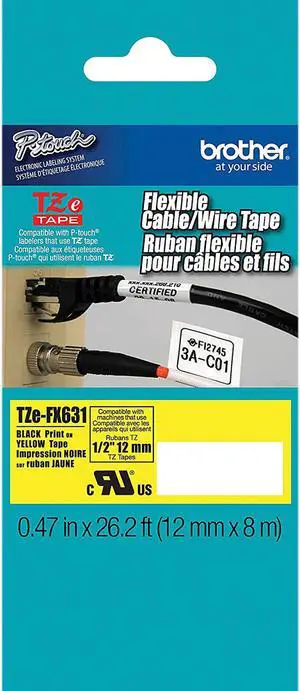 Brother TZEFX631 Black on Yellow Flexible ID Tape for P-touch Label Printer, 12mm (0.47") x  8m (26.2 ft) - 1 Each