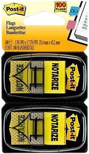 Post-it 680-NZ2 Message Flags, "Notarize", Yellow, 1 in Wide, 50/Dispenser, 2/Pack