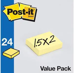 Post-it 653-24VAD-B Notes Value Pack, 1 1/2" x 2" Canary Yellow, 100 Sheets/Pad, 24 Pads/Pack
