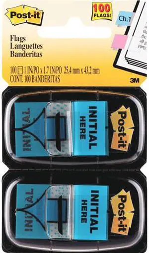 Post-it 680-IH2 Message Flags, "Initial Here", Blue, 1 in Wide, 50/Dispenser, 2/Pack