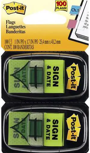 Post-it 680-SD2 Message Flags Sign & Date Bright Green 25mm x 44mm 100 Flags, 2 packs of 50