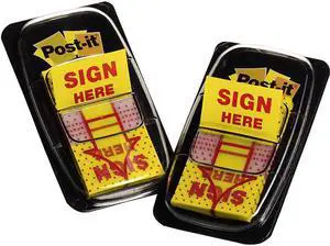 Post-it 680-SH2 Message Flags, "Sign Here", Yellow, 1 in Wide, 50/Dispenser, 2/Pack