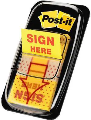 Post-it 680-SH12 Message Flags Value Pack, "Sign Here", Yellow, 1 in, 50/Disp, 12/Pack