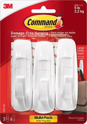 Command 170033ES Large Utility Hooks, White, 3PK