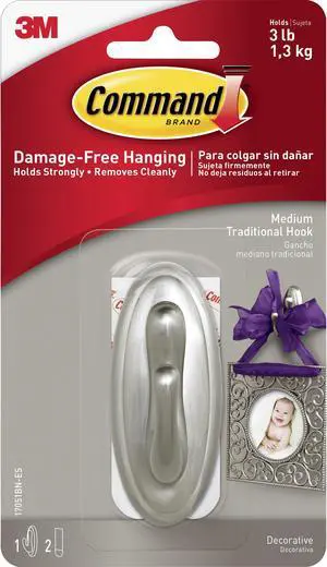 Command 17051BNES Medium Traditional Hook, Brushed Nickel