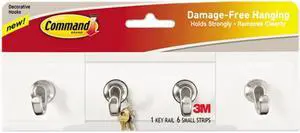 Command HOM18Q - Decorative Key Rail, 8w x 1 1/2d x 2 1/8h White/Silver, 4 Hooks/Pack