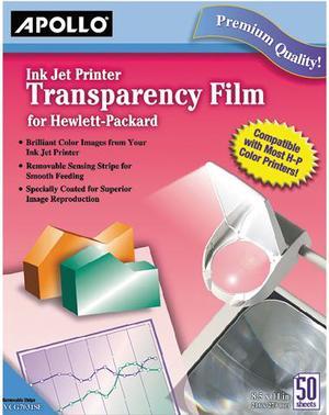 Apollo VCG7031SE-A Quick-Dry Color Inkjet Transparency Film w/ Handling Strip, Letter, Clear, 50/Box