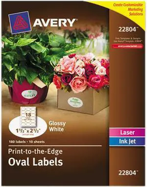 Avery 22804 Easy Peel Print-to-the-Edge Label 1.50" Width x 2.50" Length - 1 / Pack - Oval - 18/Sheet - Laser, Inkjet - White