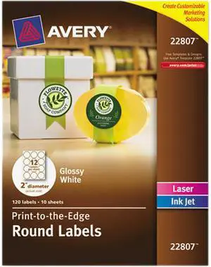 Avery 22807 Easy Peel Print-to-the-Edge Label 2" Diameter - 120 / Pack - Circle - 12/Sheet - Laser, Inkjet - White