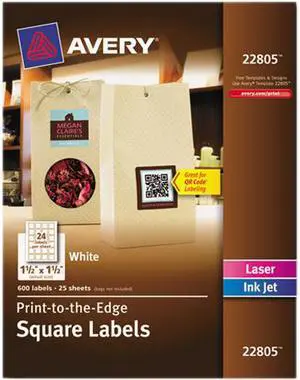 Avery 22805 Multipurpose Label 1.50" Width x 1.50" Length - 1 / Pack - Square - 24/Sheet - Laser, Inkjet - White