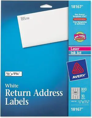 Avery 18167 Return Address Label 0.50" Width x 1.75" Length - 80 / Pack - Laser, Inkjet - White