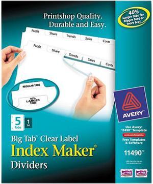 Avery 11490 Big Tab Index Maker Clear Label Dividers, 5-Tab, 1 Set, White