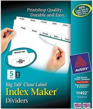 Avery 11492 Big Tab Index Maker Clear Label Dividers, 5-Tab, 5 Sets, White