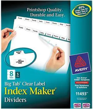 Avery 11493 Big Tab Index Maker Clear Label Dividers, 8-Tab, 5 Sets, White