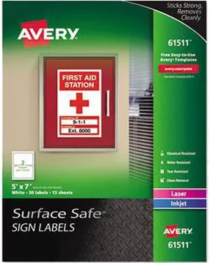 Avery 61511 (7278261511) Surface Safe Sign Labels, 5.00" x 7.00", Removable Adhesive, Water & Chemical Resistant, Pack of 30