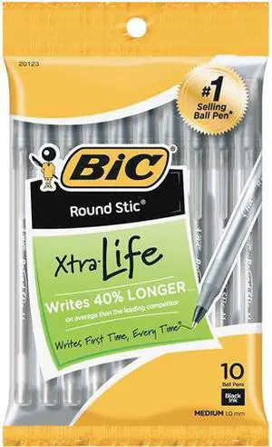 BIC GSMP101BK Round Stic Ballpoint Pen, Medium Point Type - Black - 10 / Pack