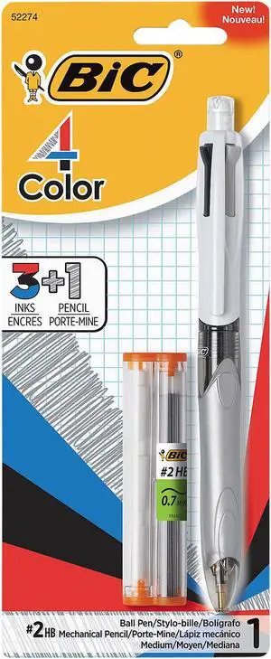 BIC MMLP1-AST 3 + 1 Retractable Ballpoint Pen/Pencil, Black/Blue/Red Ink, Gray/White Barrel