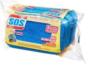 SOS All Surface Scrubber Sponge, 2.5 x 4.5, 0.9" Thick, Dark Blue, 3/Pack, 8 Packs/Carton COX91028CT