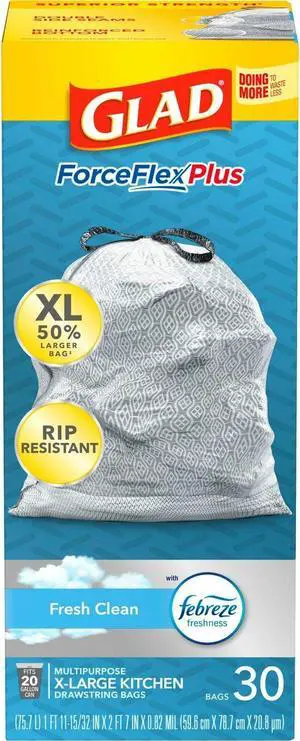 Glad ForceFlexPlus X-Large Kitchen Drawstring Bags - Fresh Clean with Febreze Freshness - 6Box/Carton - 30 Per Box  78913CT