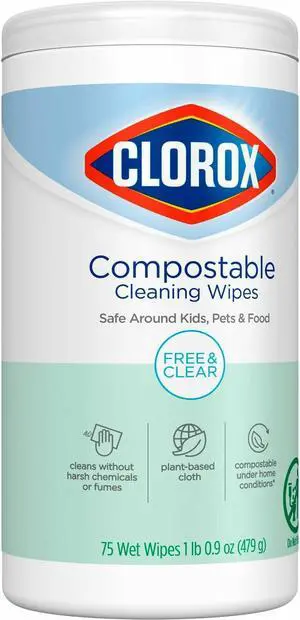 Clorox Free & Clear Compostable All Purpose Cleaning Wipes - 4.25" Length x 4.25" Width - 75 / Tub - 6 / Carton  32486CT