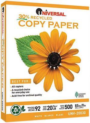 Universal UNV20030 30% Recycled Copy Paper, 92 Brightness, 20lb, 8-1/2 x 11, White, 5000/Carton