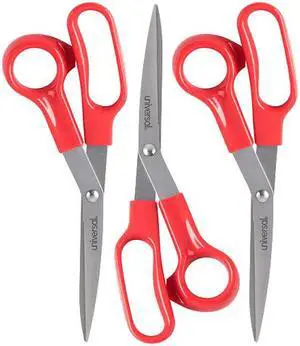 Universal UNV92019 General Purpose Stainless Steel Scissors, 7.75" Long, 3" Cut Length, Red Offset Handles, 3/Pack