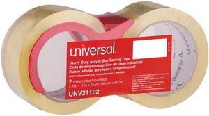 Universal UNV31102 Heavy-Duty Acrylic Box Sealing Tape with Dispenser, 3" Core, 1.88" x 54.6 yds, Clear, 2/Pack