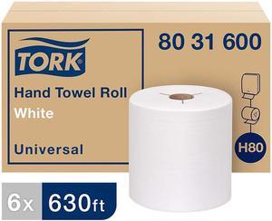 Tork 8031600 Universal Hand Towel Roll, Notched, 7.5" x 630 ft, White, 6 Rolls / Carton