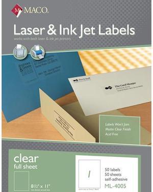 Maco MML-4005 Laser/Inkjet Matte Clear Full Sheet Labels, Inkjet/Laser Printers, 8.50" x 11.00", Clear, 50/Box