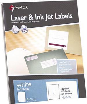 Maco MML-0100 Laser/Inkjet Full-Sheet Identification Labels, Inkjet/Laser Printers, 8.50" x 11.00", White, 100/Box