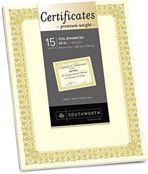 Southworth CTP2V Premium Certificates, Ivory, Spiro Gold Foil Border, 66 lb,  8.5 x 11, 15/Pack