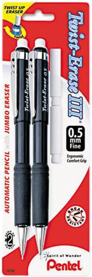 Pentel QE515BP2-K6 Twist-Erase III Mechanical Pencil, 0.50 mm, Assorted Barrels, 2/Pk