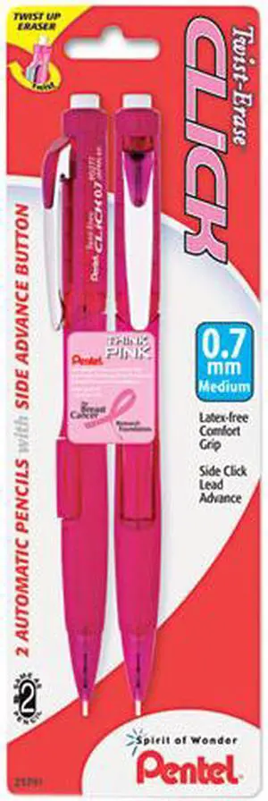 Pentel PD277TBP2PBC Pink Ribbon Twist-Erase CLICK Mechanical Pencil, 0.7 mm, 2/Pk