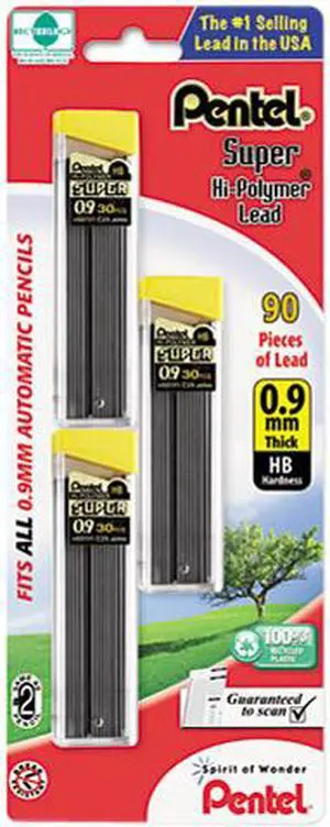 Pentel C29BPHB3 Super Hi-Polymer Lead Refills, 0.9mm, HB, Black, 3 Tubes of 30, 90/Pack