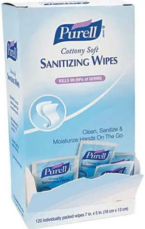 PURELL 9027-12 Cottony Soft Individually Wrapped Hand Sanitizing Wipes, 5" x 7", 120/Box