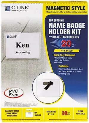 C-line 92943 Magnetic Name Badge Holder Kit, Horizontal, 4w x 3h, Clear, 20/Box