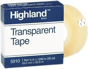 Highland 5910-3/41296 Transparent Tape, 3/4" x 1296", 1" Core, Clear