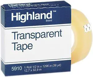 Highland 5910-1/21296 Transparent Tape, 1/2" x 1296", 1" Core, Clear