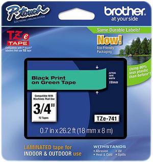 Brother TZE741 TZe Standard Adhesive Laminated Labeling Tape, Black on Green