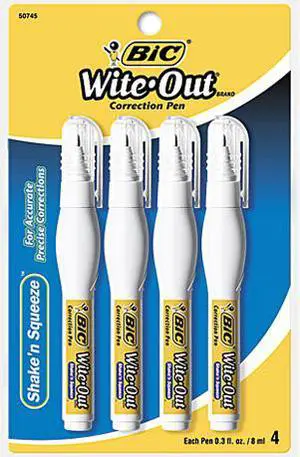 BIC WOSQPP418 Wite-Out Shake 'n Squeeze Correction Pen, 8 ml, White, 4/Pack
