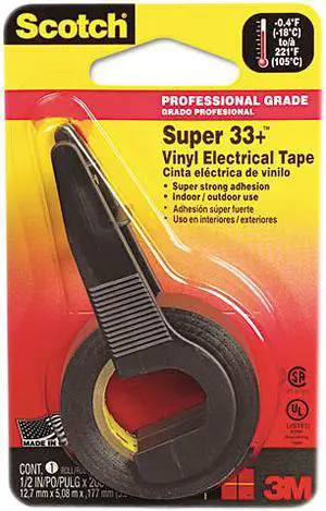 Scotch 194NA Super 33+ Electrical Tape w/Dispenser, 1/2" x 200" Roll, Black