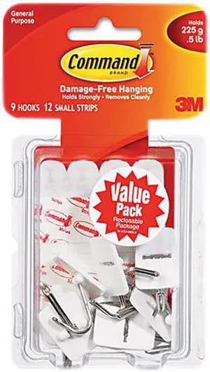 Command 17067-VP Adhesive Hooks, Small, Holds 1/2-lb, White, 9/Pack