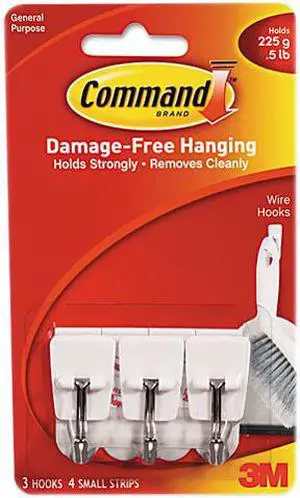Command 17067 Adhesive Hooks, Small, Holds 1/2-lb, White, 3/Pack