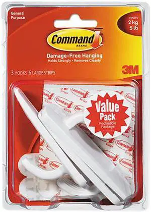 Command 17003-VP-3PK Adhesive Hook Value Pack, Large, Holds 5-lb, White, 3/Pack